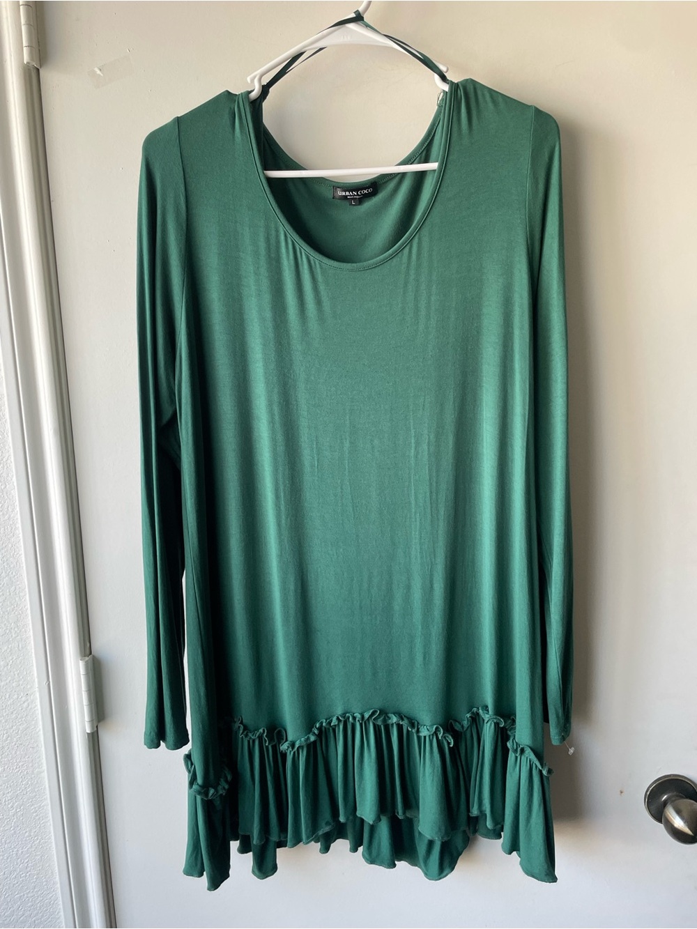 Susan Graver Forest Green Long Sleeve Ruffle-Hem Dress